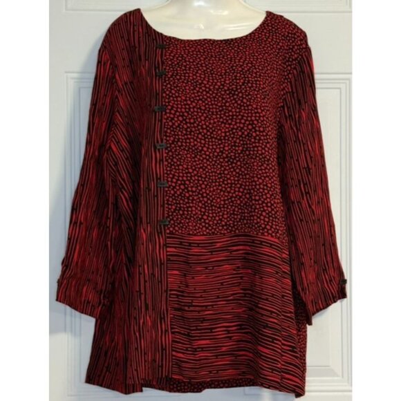 Ali Miles 'Spices' Tunic Blouse SZ XL Artsy Lagenlook Relaxed Vibrant Red Black - Picture 1 of 7